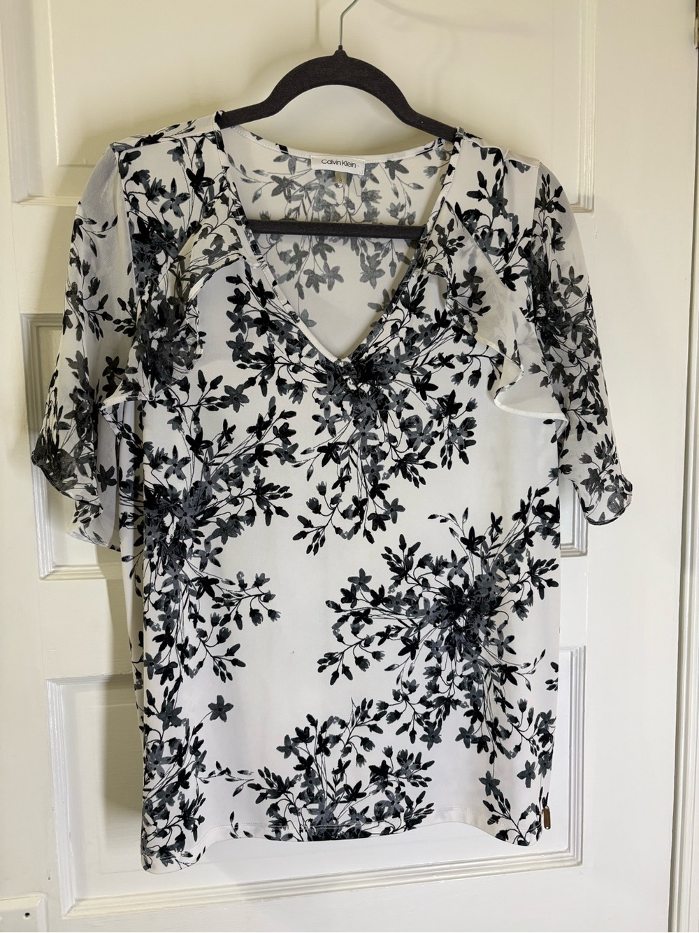 Calvin Klein Black & White Floral V-Neck Blouse